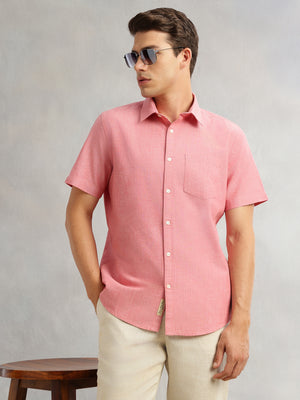 Red Premium Short Sleeves Slim Fit Spread Collar Solid Cotton Linen Casual Shirt For Men
