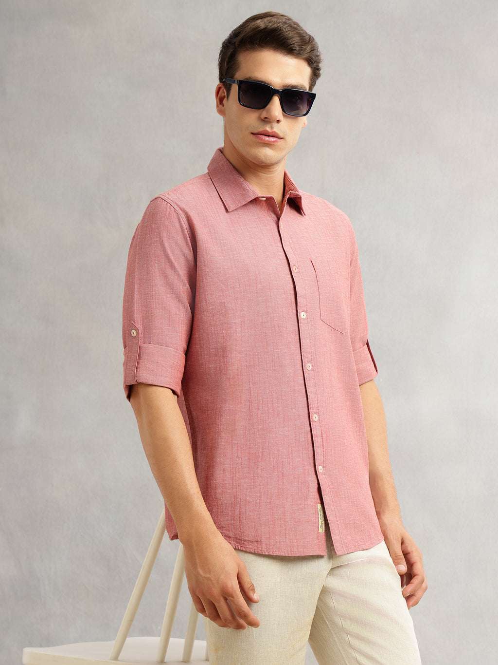 Thomas Scott Men Maroon Premium Slim Fit Long Roll-Up Sleeves Spread Collar Solid Linen Casual Shirt