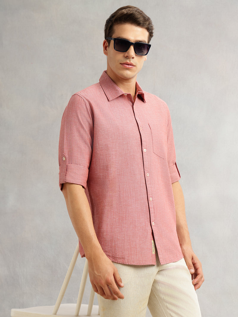 Thomas Scott Men Maroon Premium Slim Fit Long Roll-Up Sleeves Spread Collar Solid Linen Casual Shirt