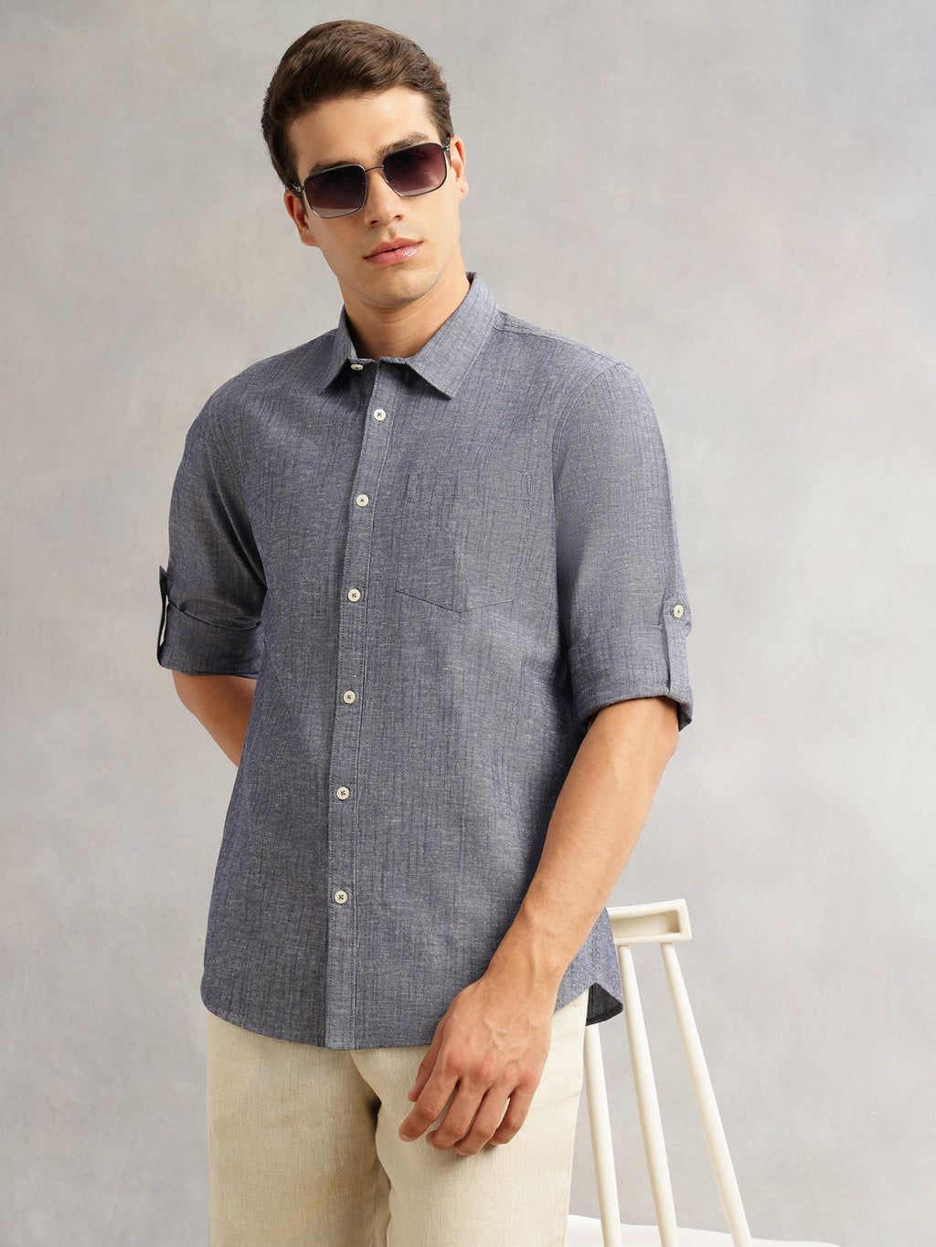 Thomas Scott Men Navy1 Premium Slim Fit Long Roll-Up Sleeves Spread Collar Solid Linen Casual Shirt