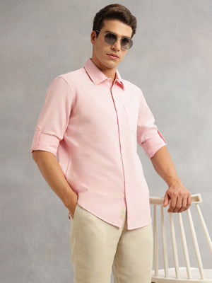 Pink Premium Slim Fit Long Roll-Up Sleeves Spread Collar Solid Linen Casual Shirt For Men