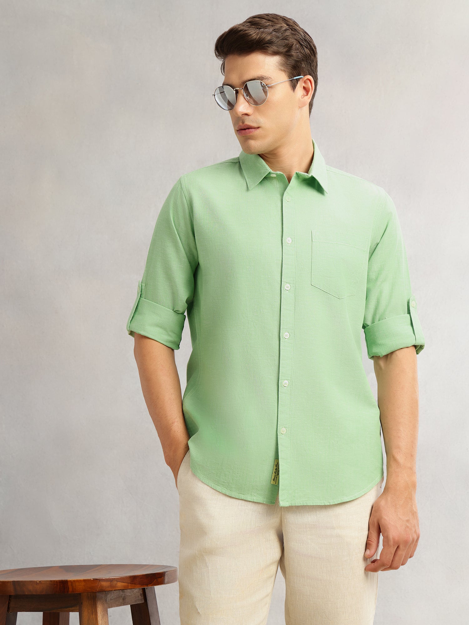 Thomas Scott Men Pista Premium Slim Fit Long Roll-Up Sleeves Spread Collar Solid Linen Casual Shirt