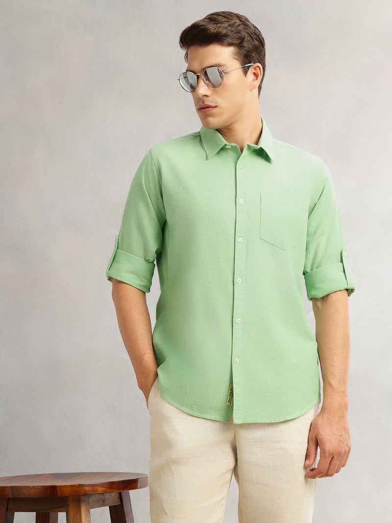 Thomas Scott Men Pista Premium Slim Fit Long Roll-Up Sleeves Spread Collar Solid Linen Casual Shirt
