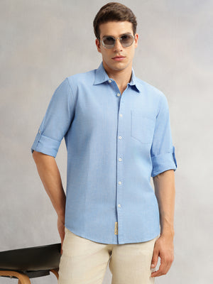 Royal Blue Premium Slim Fit Long Roll-Up Sleeves Spread Collar Solid Linen Casual Shirt For Men