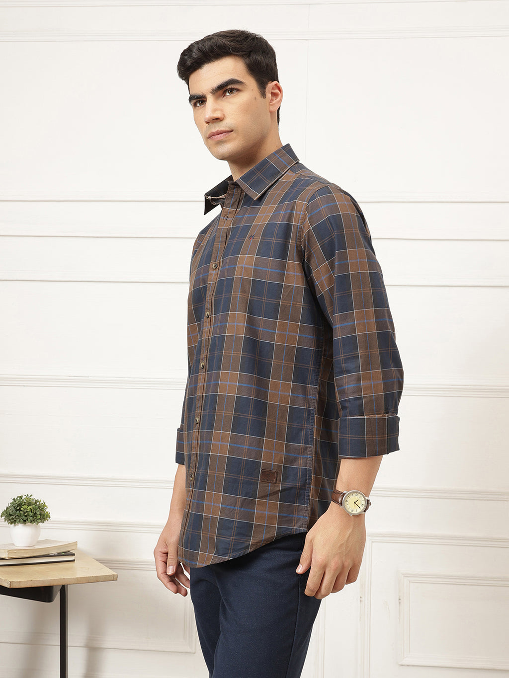 Brown Premium Regular Fit Tartan Checks Cotton Twill Shirt For Men