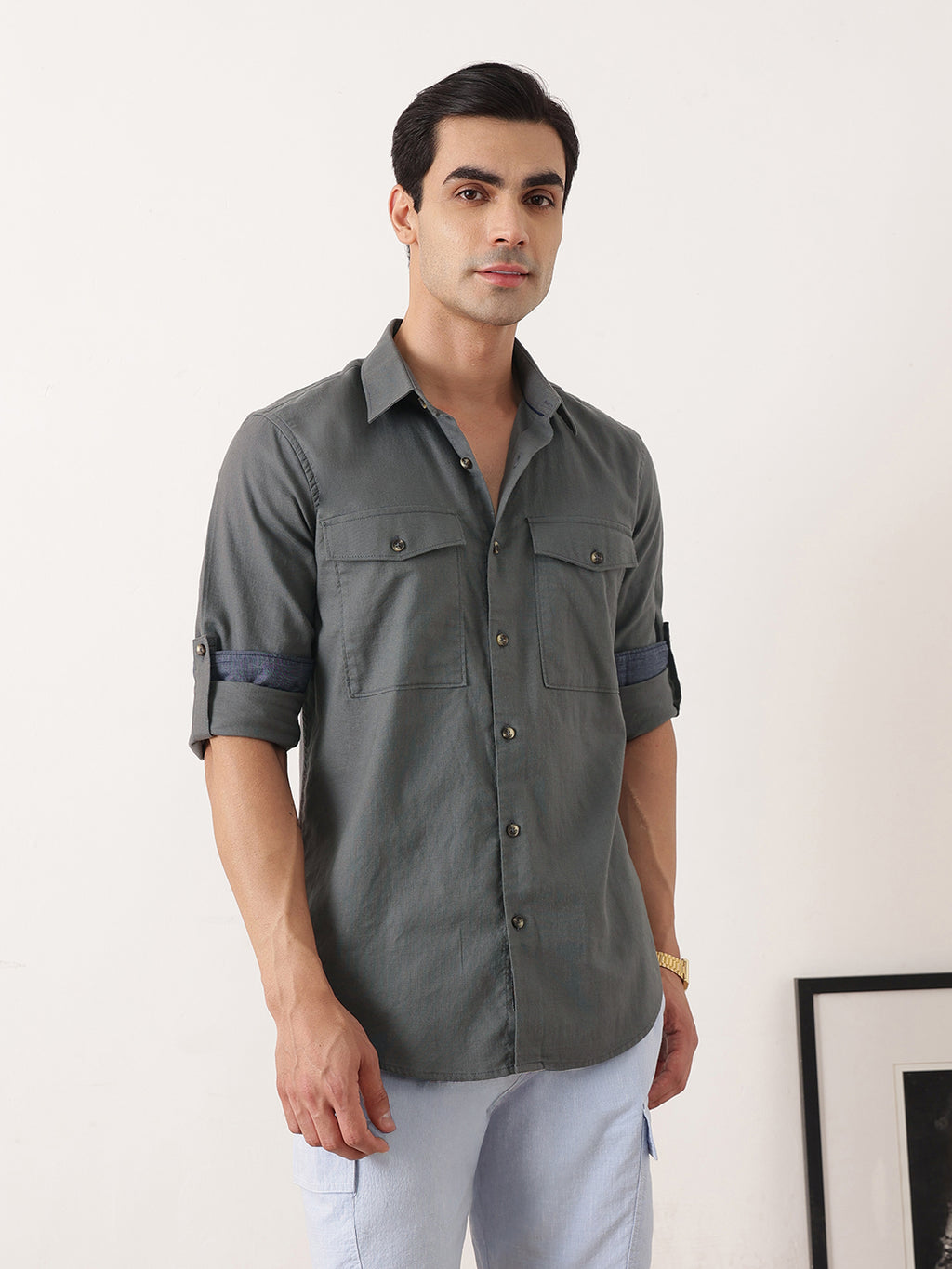 Thomas Scott Men Steel Grey Premium Slim Fit Long Roll-Up Sleeves Spread Collar Solid Cotton Casual Shirt with Flap Pockets