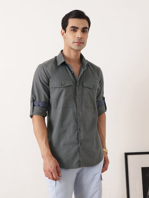 Thomas Scott Men Steel Grey Premium Slim Fit Long Roll-Up Sleeves Spread Collar Solid Cotton Casual Shirt with Flap Pockets
