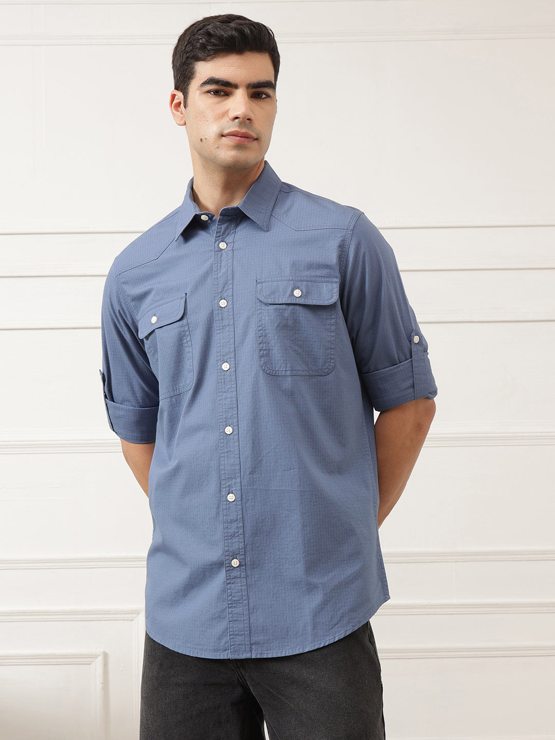 Mid Blue Roll-Up Sleeve Regular Fit Spread Collar Textured Cotton Casual Shirt For Men