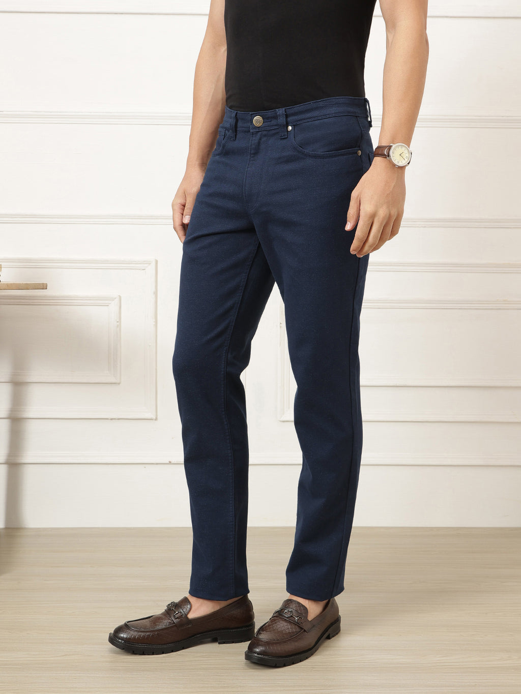 Navy Smart Straight Fit Mid-Rise Solid Woven Trouser For Men