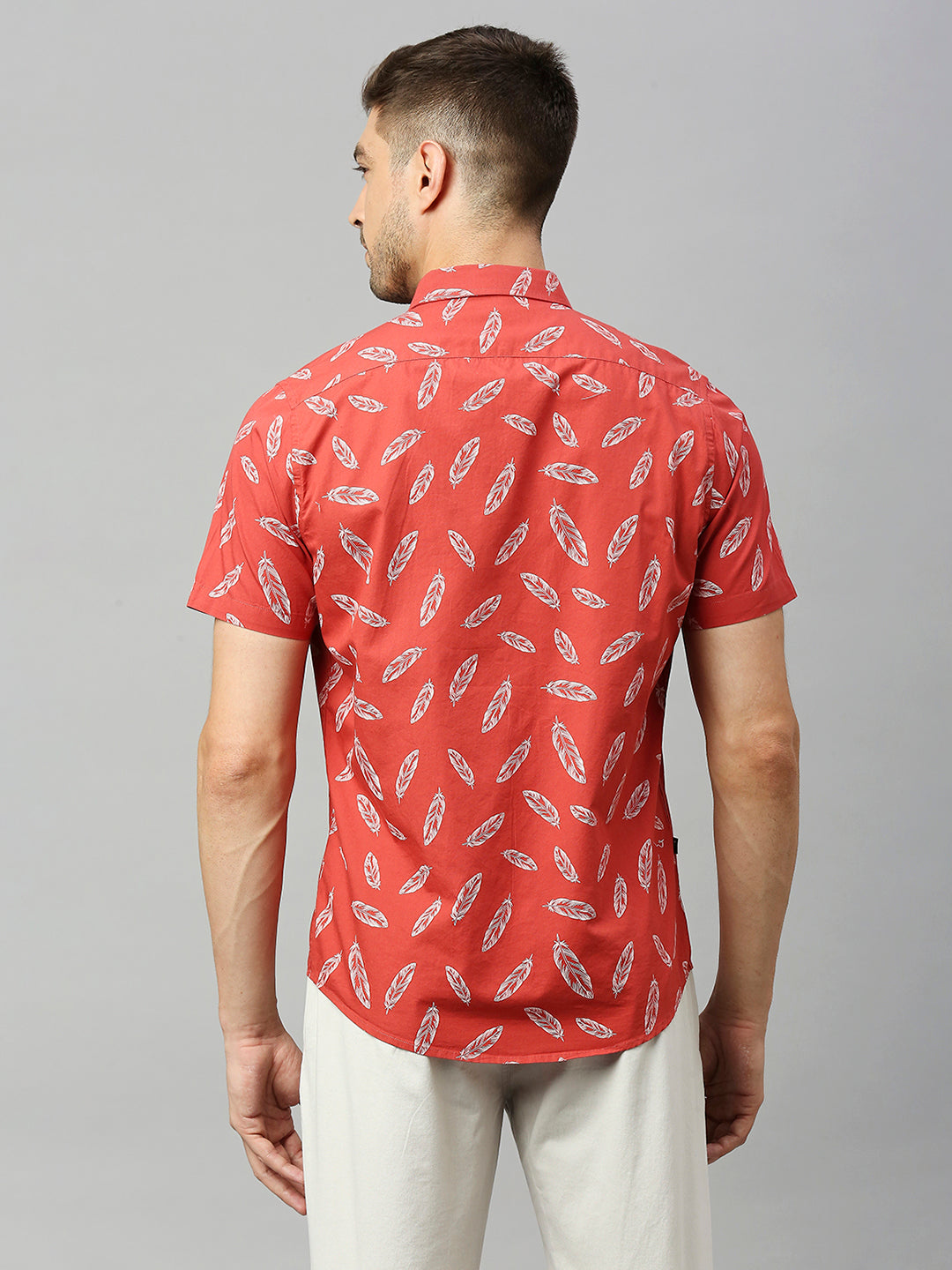 Thomas Scott Men Coral Classic Short Sleeves Slim Fit Spread Collar Floral Printed Cotton Casual Shirt