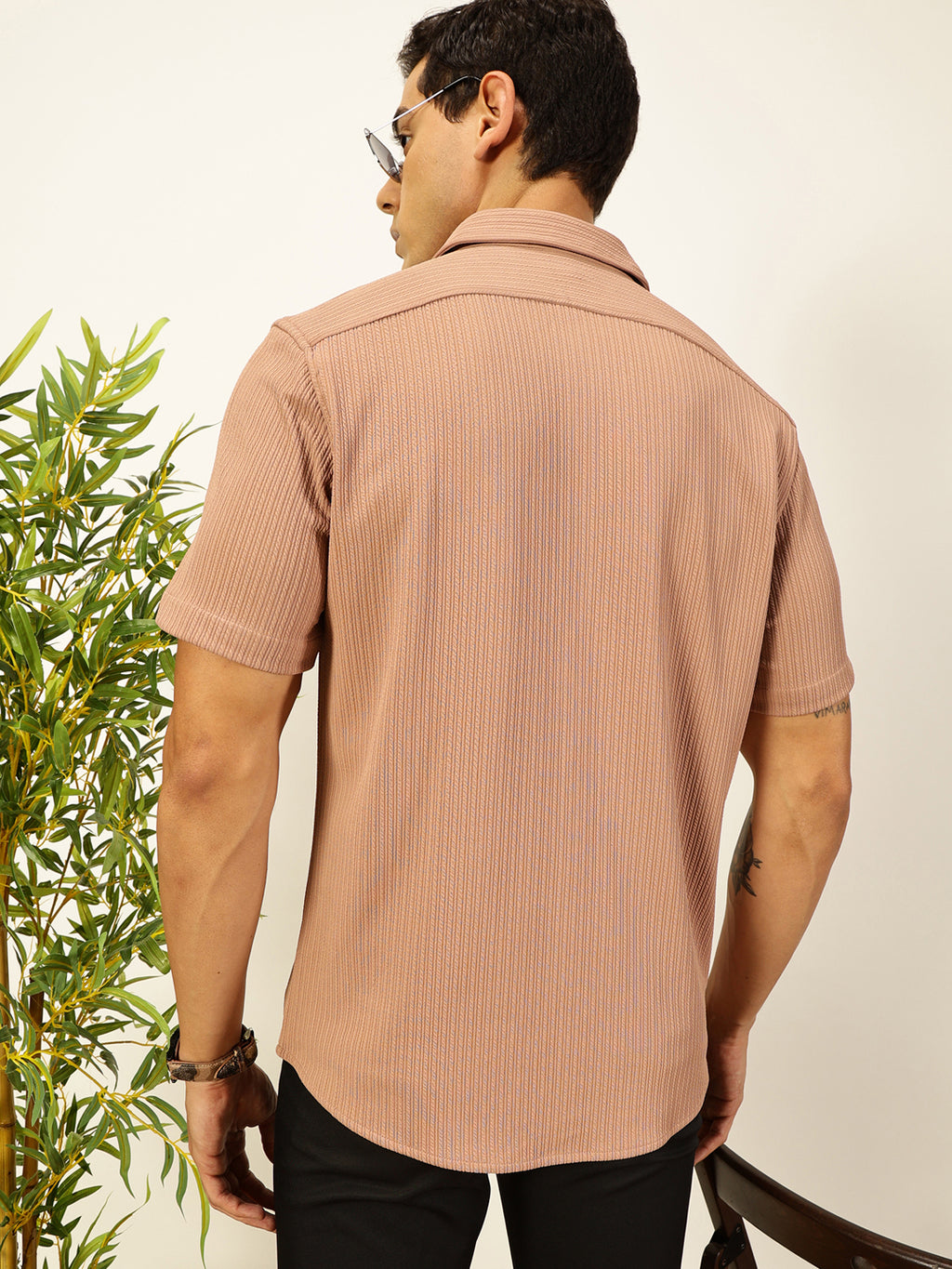 Thomas Scott Men Peach Premium Slim Fit Short Sleeves Vertical Stripes Casual Shirt