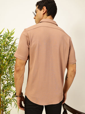 Thomas Scott Men Peach Premium Slim Fit Short Sleeves Vertical Stripes Casual Shirt