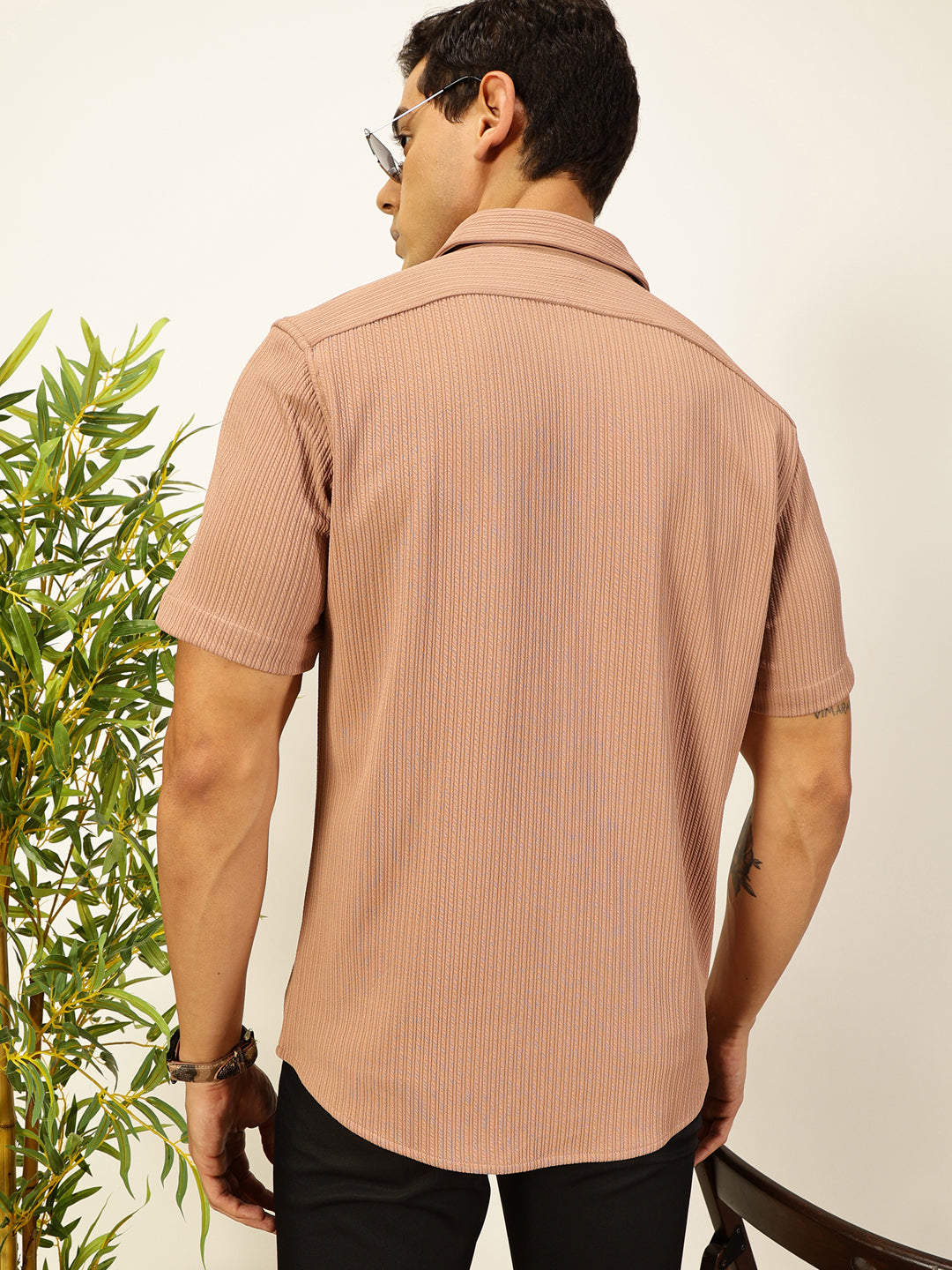 Thomas Scott Men Peach Premium Slim Fit Short Sleeves Vertical Stripes Casual Shirt