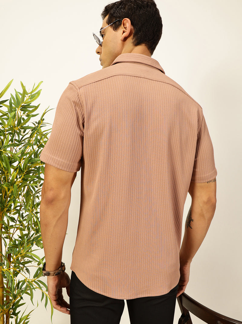 Thomas Scott Men Peach Premium Slim Fit Short Sleeves Vertical Stripes Casual Shirt