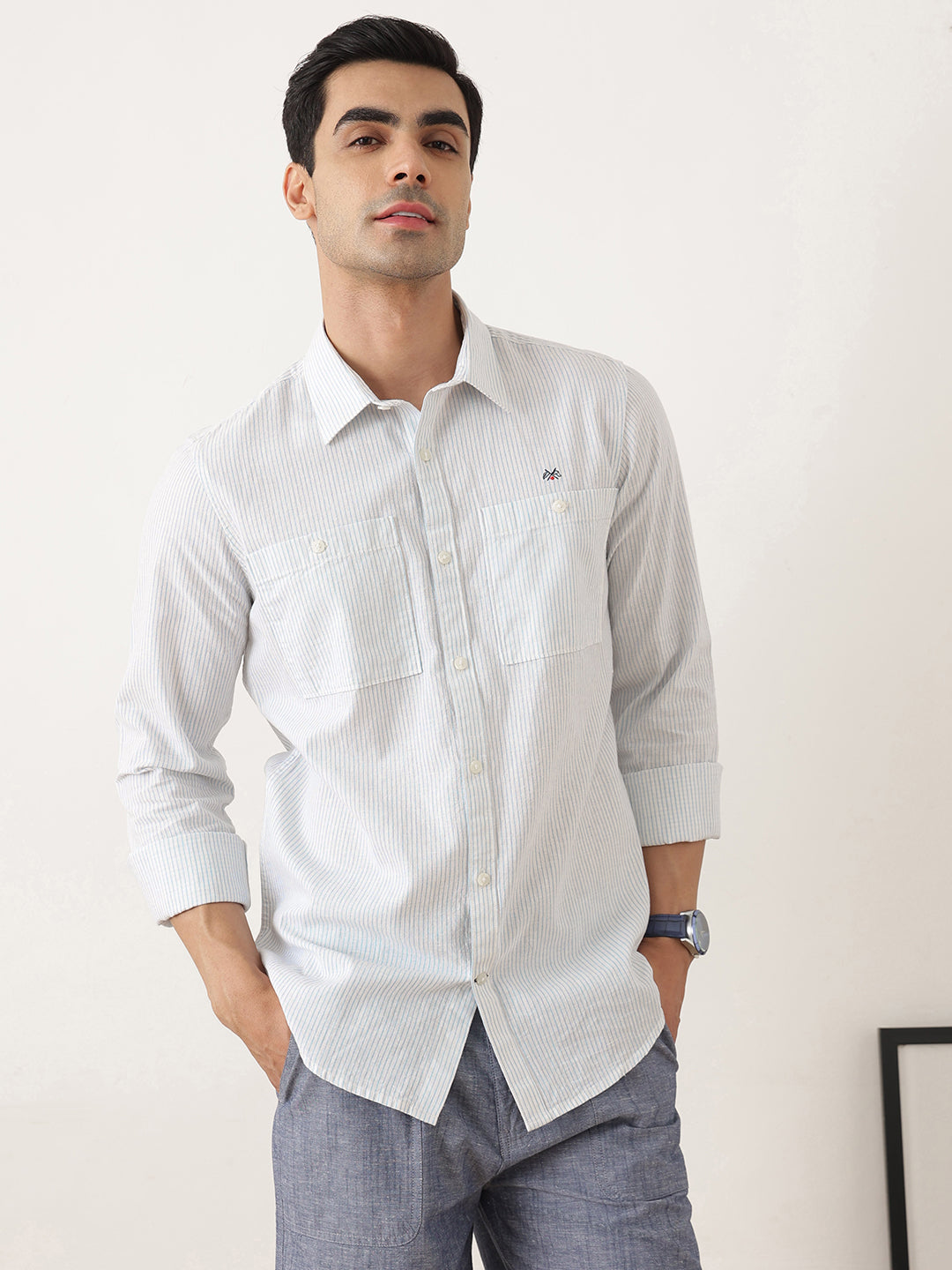 Thomas Scott Men Premium Blue Regular Fit Long Sleeves Spread Collar Pinstripes Cotton Linen Casual Shirt