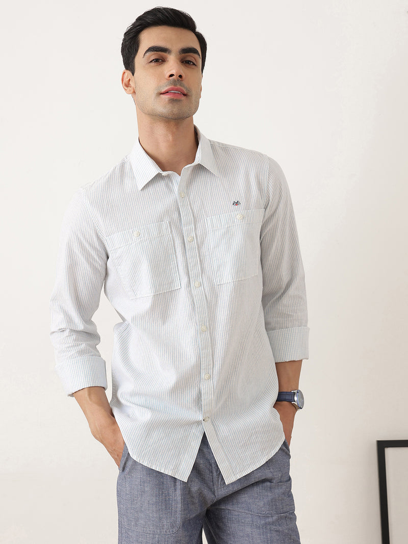 Thomas Scott Men Premium Blue Regular Fit Long Sleeves Spread Collar Pinstripes Cotton Linen Casual Shirt