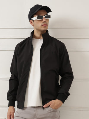 Black Regular Fit Solid Full Sleeves Stand Collar Zip-Front Casual Bomber Jacket For Men