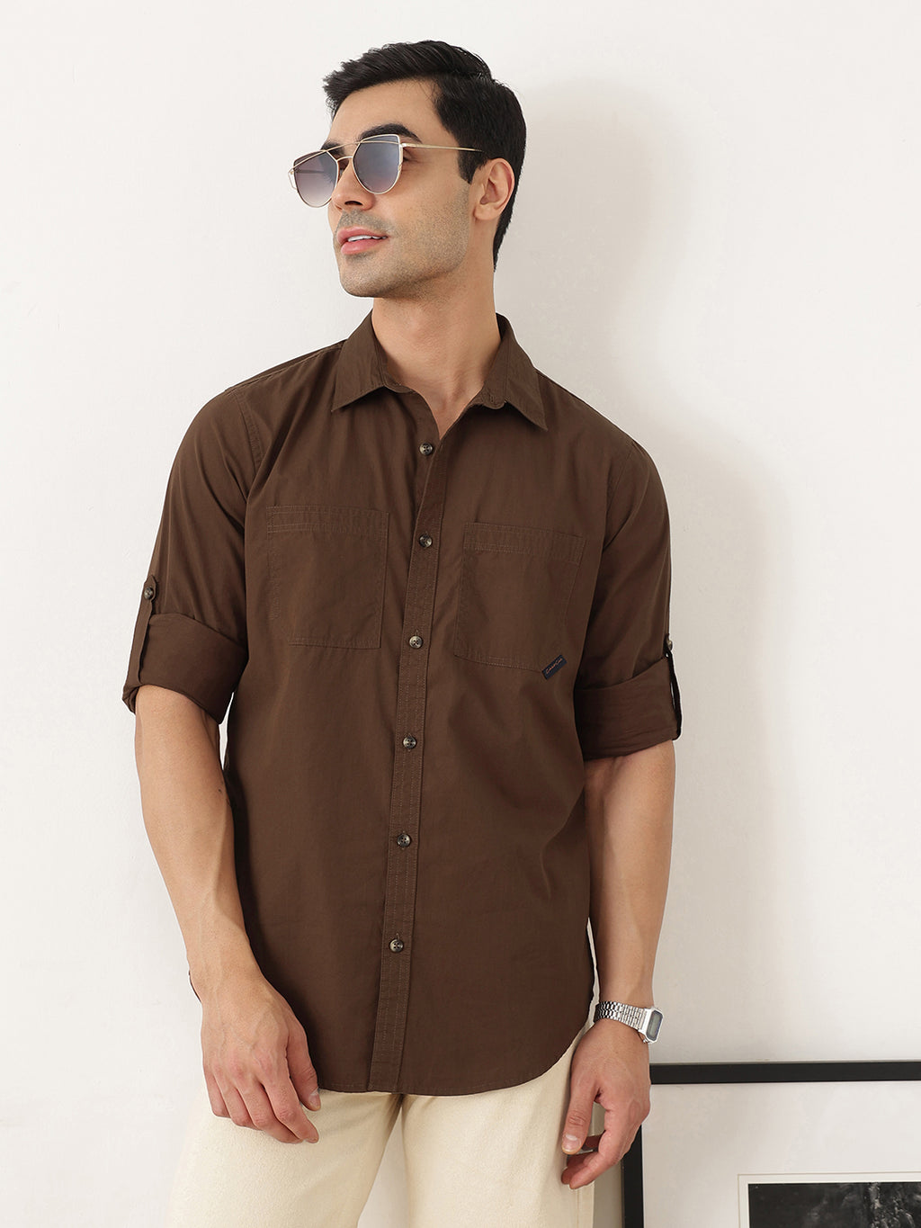 Thomas Scott Men Premium Brown Slim Fit Long Roll-Up Sleeves Spread Collar Solid Cotton Casual Shirts