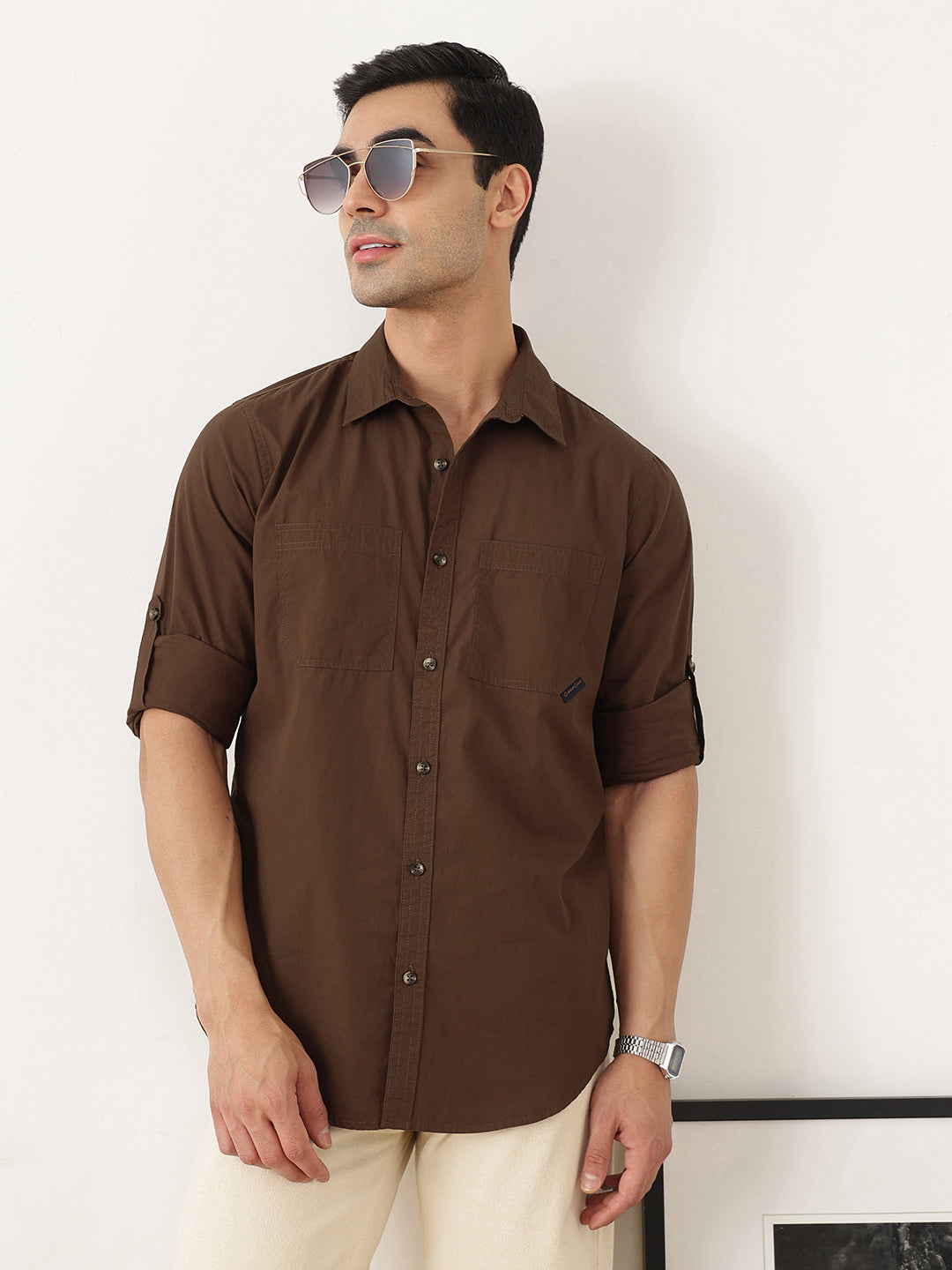 Thomas Scott Men Premium Brown Slim Fit Long Roll-Up Sleeves Spread Collar Solid Cotton Casual Shirts