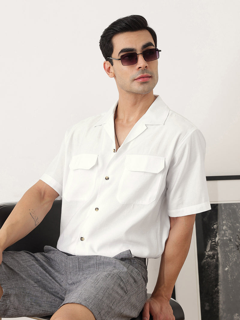 Thomas Scott Men Premium White Oversize Fit Short Sleeves Cuban Collar Textured Casual Shirt