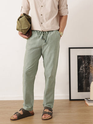 Thomas Scott Men Green Smart Relaxed Fit Mid-Rise Solid Cotton Linen Pleated Casual Trousers