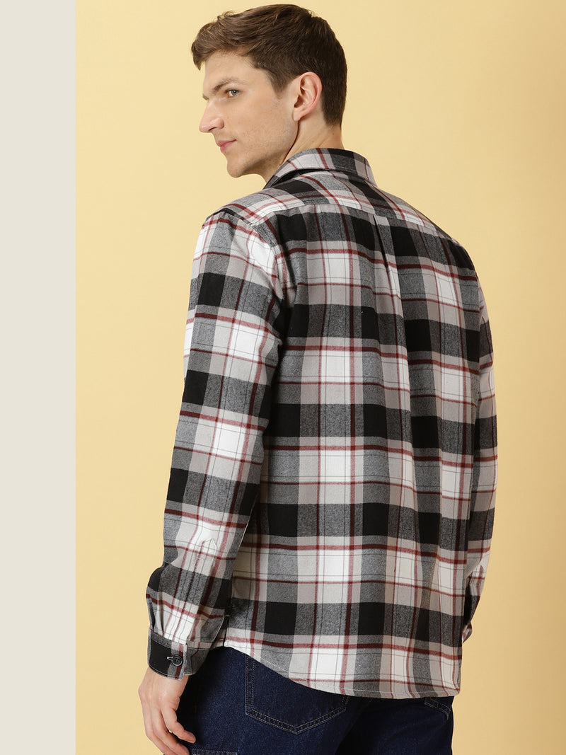 Thomas Scott Men Black Classic Oversize Fit Long Sleeves Spread Collar Tartan Checks Knitted Casual Shirt