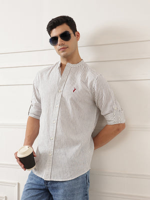 Navy Regular Fit Vertical Striped Cotton Linen Casual Shirt For Men with Roll-Up Sleeves