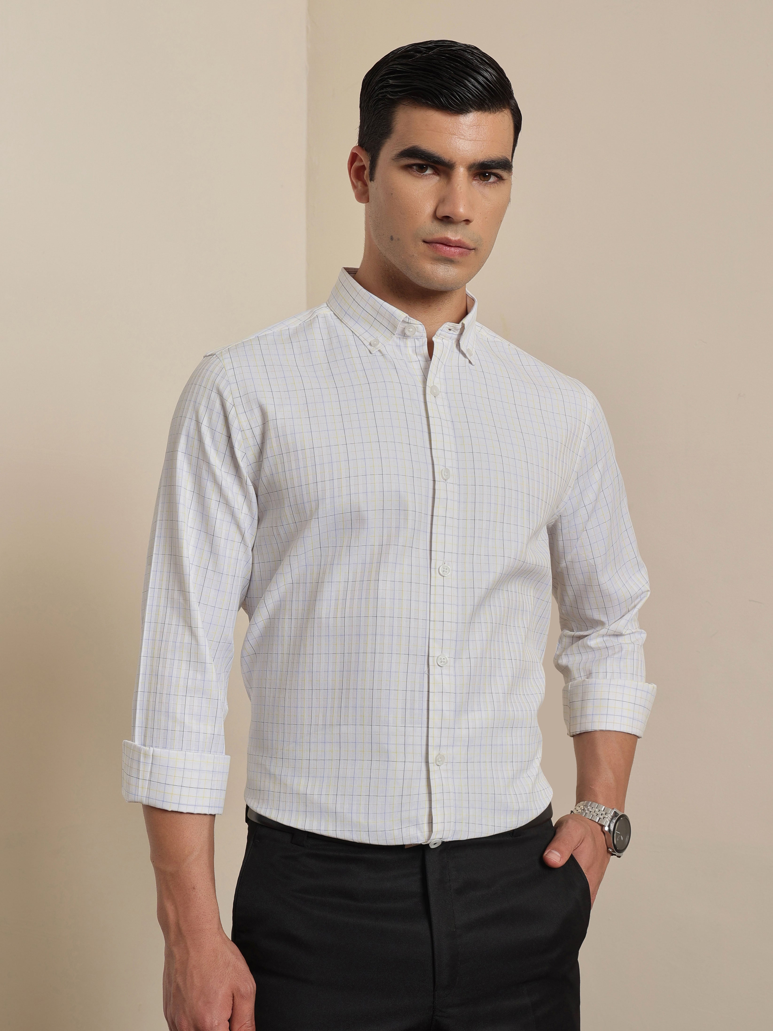 Thomas Scott Men Smart White1 Regular Fit Long Sleeves Button Down Collar Windowpane Checks Formal Shirt