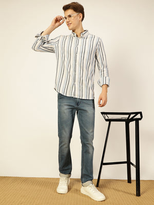 Thomas Scott Men Light Blue Premium Long Sleeves Slim Fit Button-Down Collar Vertical Stripes Casual Shirt