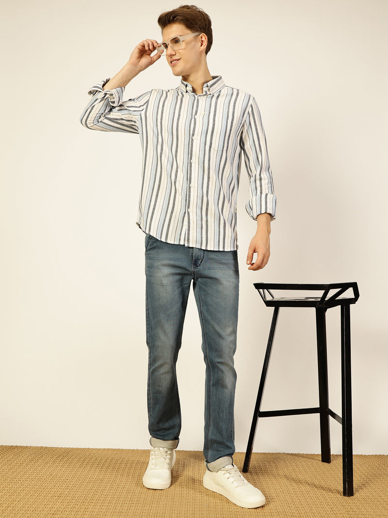 Thomas Scott Men Light Blue Premium Long Sleeves Slim Fit Button-Down Collar Vertical Stripes Casual Shirt