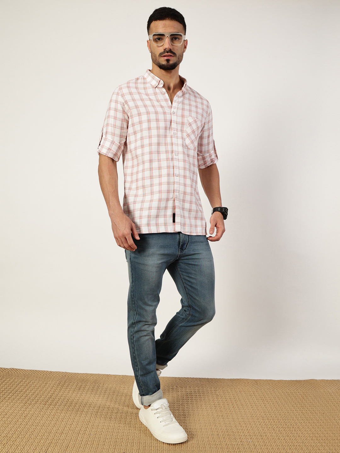 Thomas Scott Men White Premium Slim Fit Opaque Checked Casual Shirt