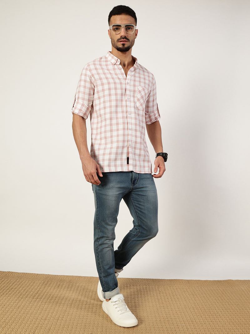 Thomas Scott Men White Premium Slim Fit Opaque Checked Casual Shirt