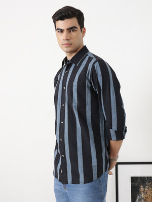 Black Regular Fit Long Sleeves Spread Collar Wide Striped Cotton Linen Casual Shirt For Men