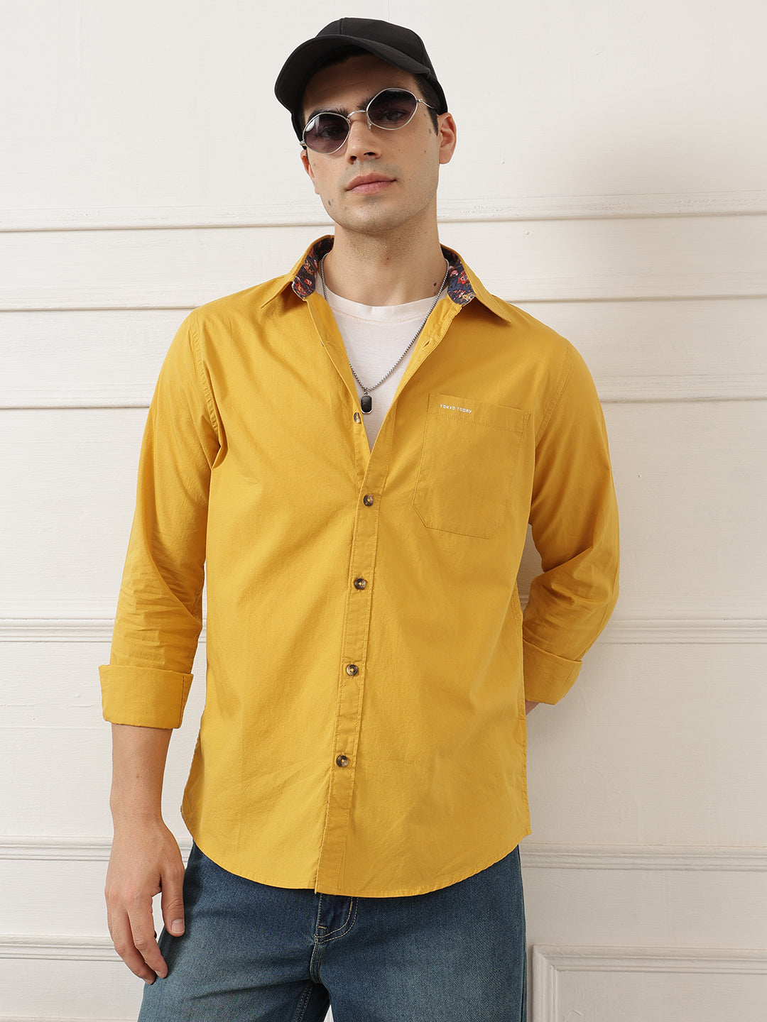 Yellow Premium Regular Fit Long Sleeves Spread Collar Solid Cotton Casual Shirt For Men