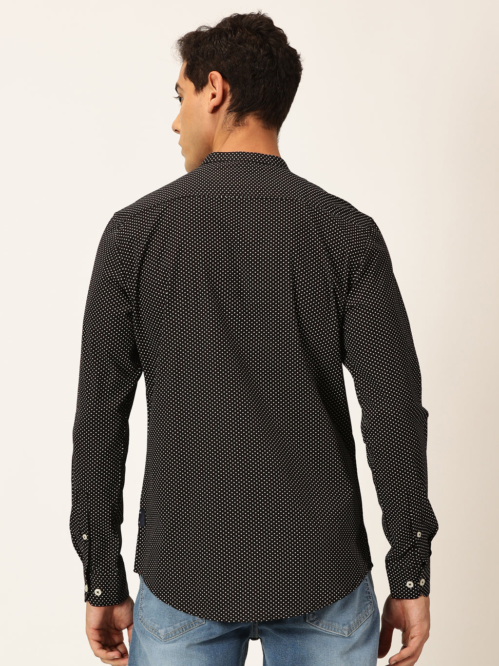 Thomas Scott Men Black Premium Slim Fit Long Sleeves Band Collar Micro Dots Printed Cotton Casual Shirt