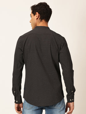 Thomas Scott Men Black Premium Slim Fit Long Sleeves Band Collar Micro Dots Printed Cotton Casual Shirt