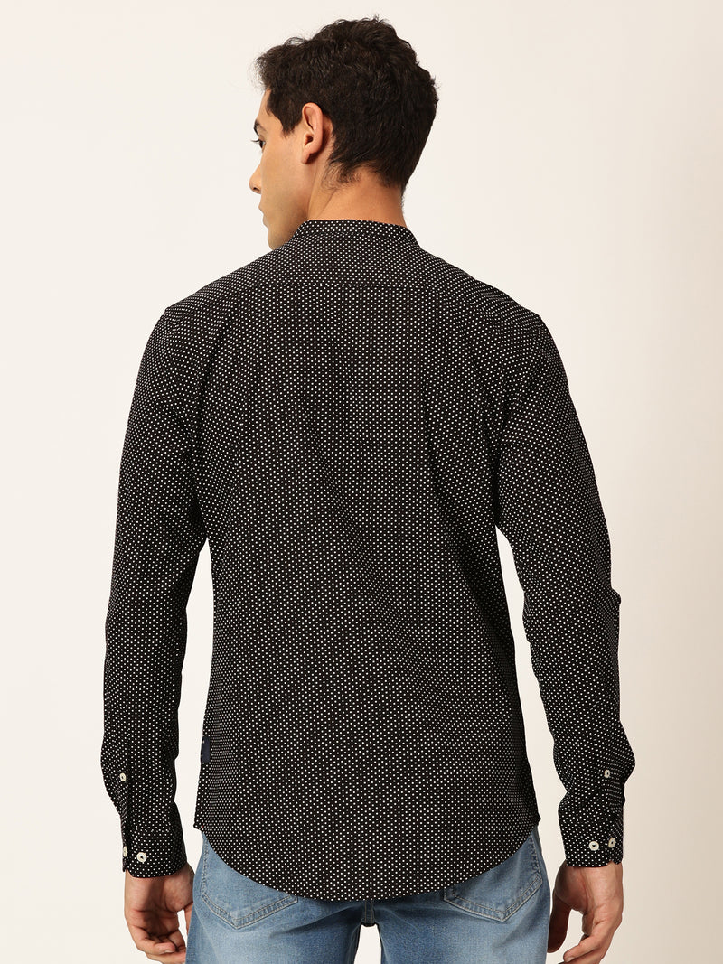 Thomas Scott Men Black Premium Slim Fit Long Sleeves Band Collar Micro Dots Printed Cotton Casual Shirt