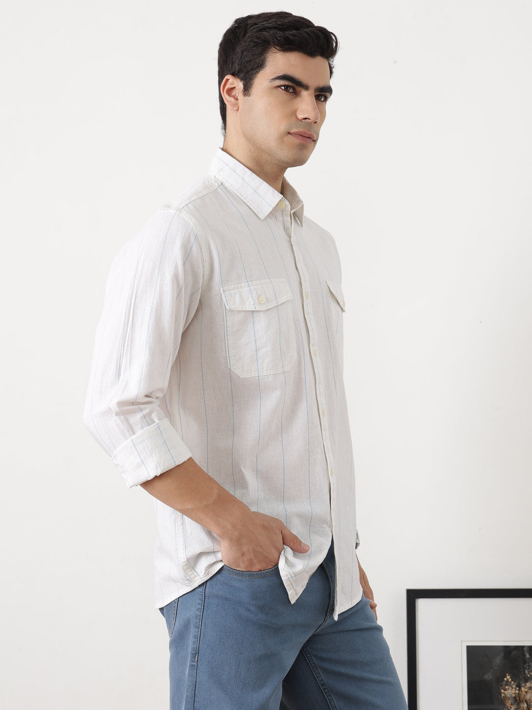 Light Blue Regular Fit Long Sleeves Spread Collar Vertical Stripes Cotton Linen Casual Shirt For Men