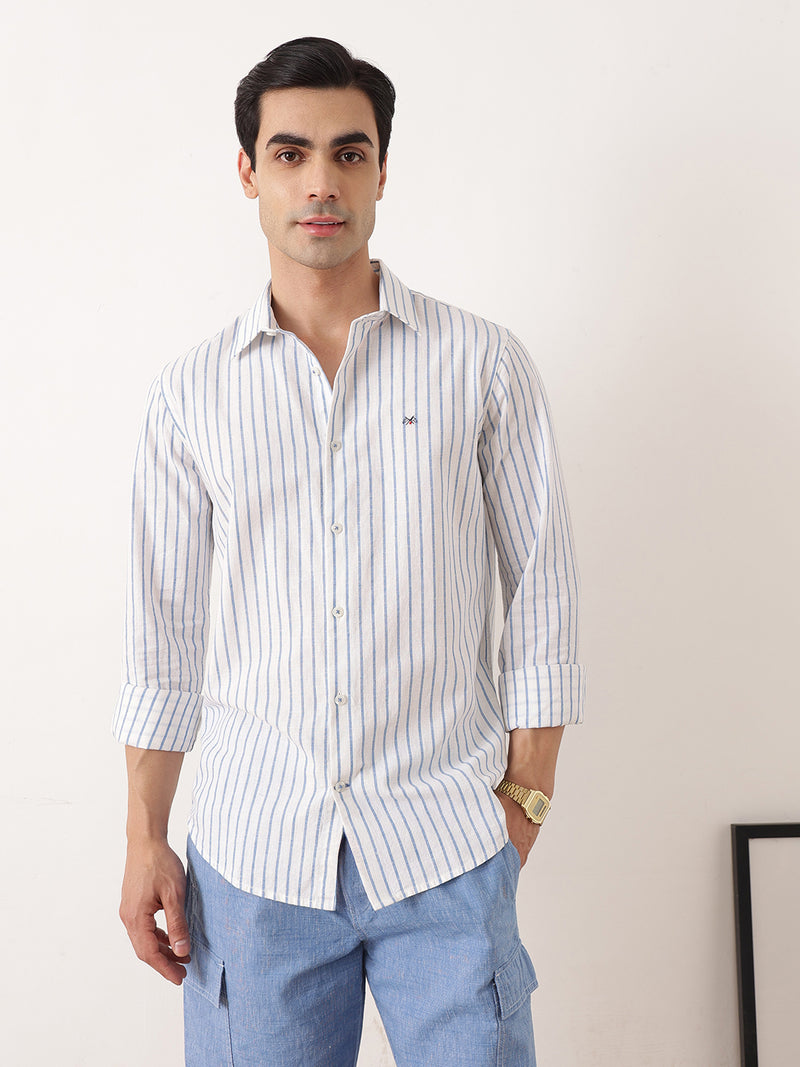Thomas Scott Men Blue Premium Regular Fit Long Sleeves Spread Collar Vertical Stripes Cotton Linen Casual Shirts