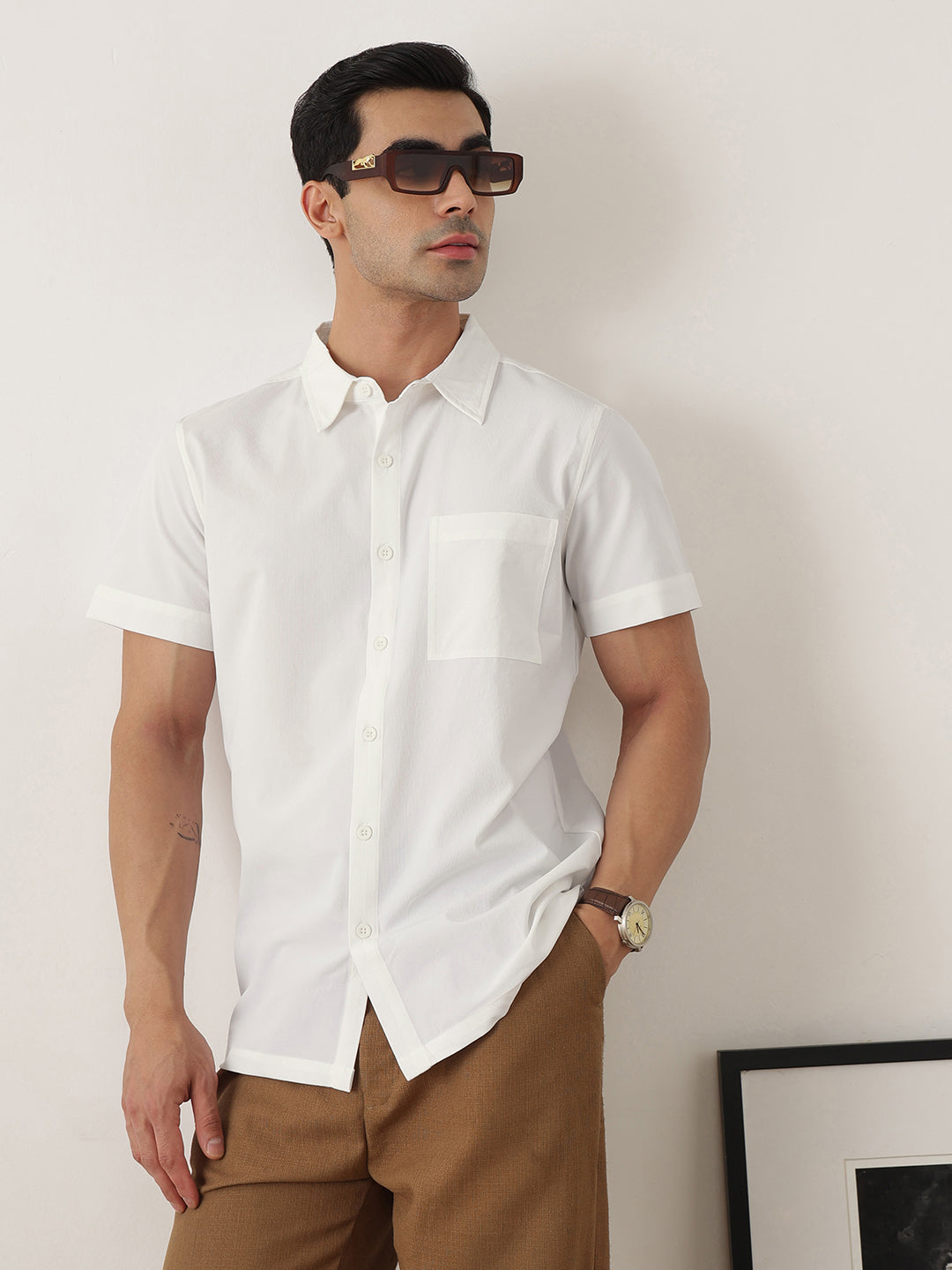 Thomas Scott Men Premium White Slim Fit Short Sleeves Spread Collar Solid Casual Shirt