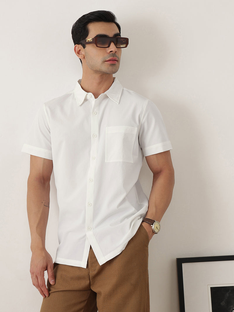 Thomas Scott Men Premium White Slim Fit Short Sleeves Spread Collar Solid Casual Shirt