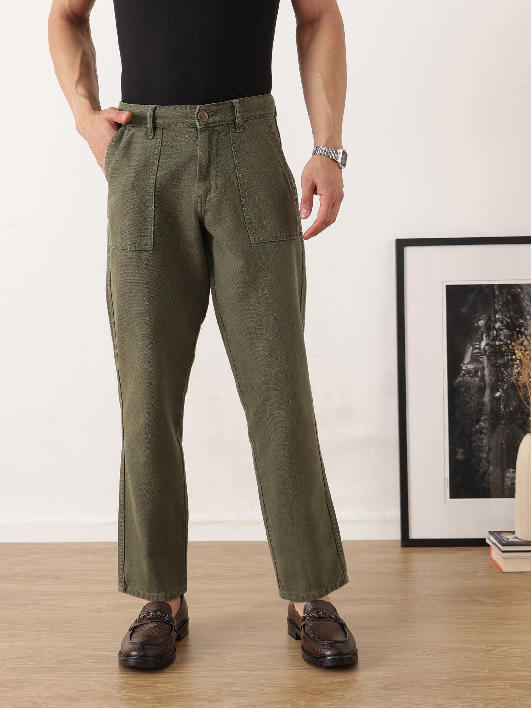 Thomas Scott Men Olive Smart Straight Fit Mid-Rise Solid Flat-Front Woven Trousers