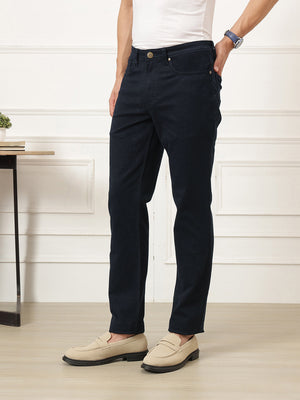 Black Smart Straight Fit Mid-Rise Solid Woven Trouser For Men