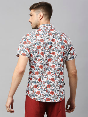 Thomas Scott Men White 2 Classic Short Sleeves Slim Fit Spread Collar Floral Printed Cotton Casual Shirt