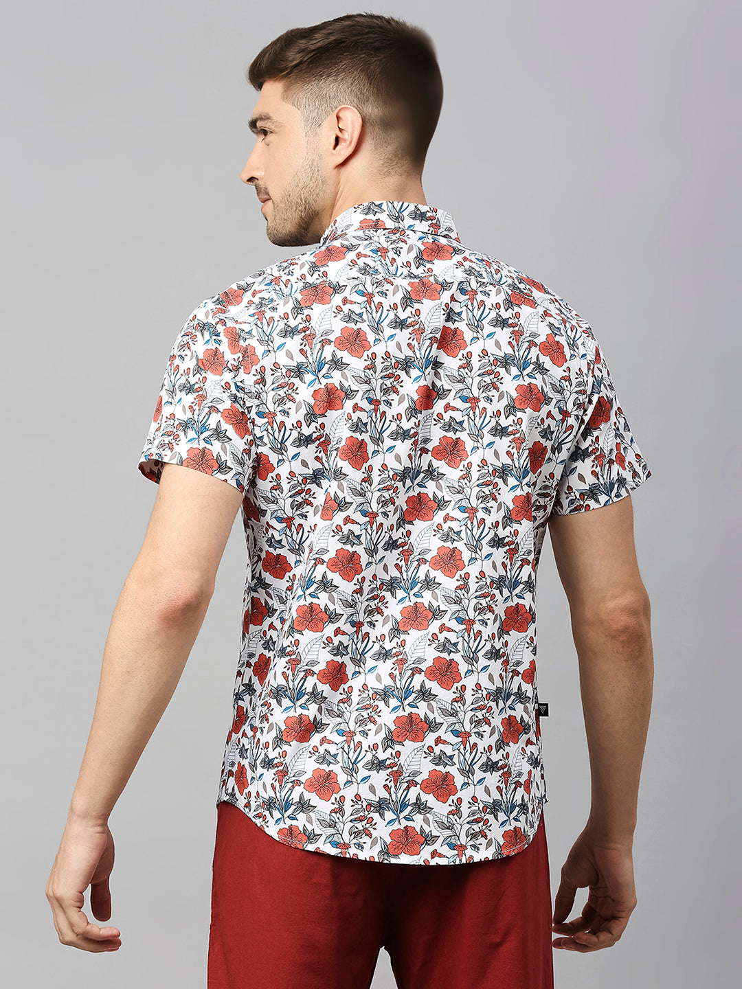 Thomas Scott Men White 2 Classic Short Sleeves Slim Fit Spread Collar Floral Printed Cotton Casual Shirt