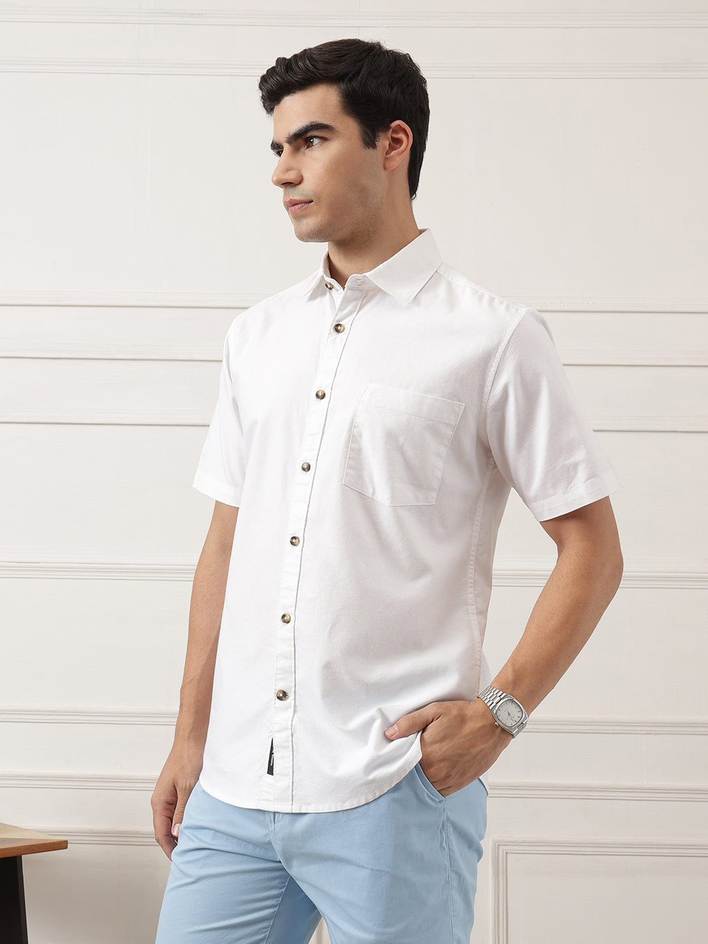 Optical White Regular Fit Short Sleeve Spread Collar Solid Oxford Cotton Casual Shirt For Men