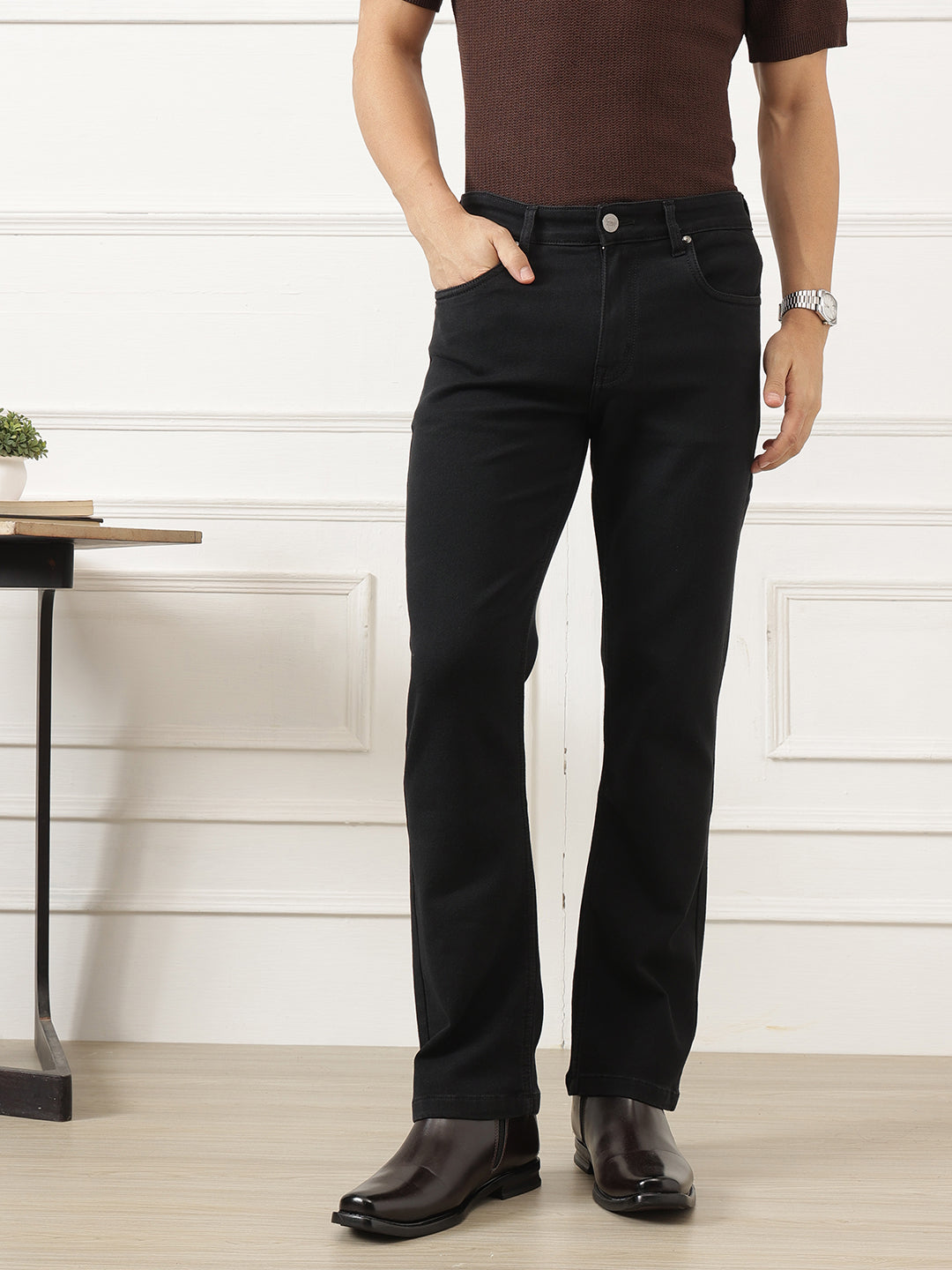 Black Smart Bootcut Fit Mid-Rise No Faded Clean Look Stretchable Jeans For Men