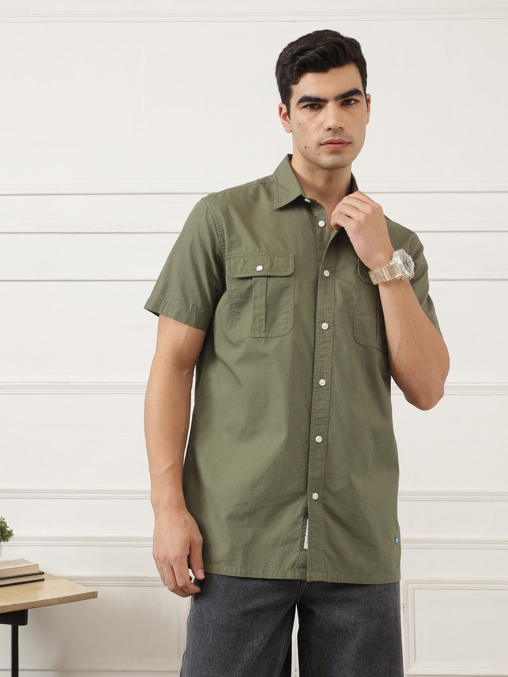 Olive Premium Regular Fit Short Sleeves Spread Collar Textured Casual Shirt For Men