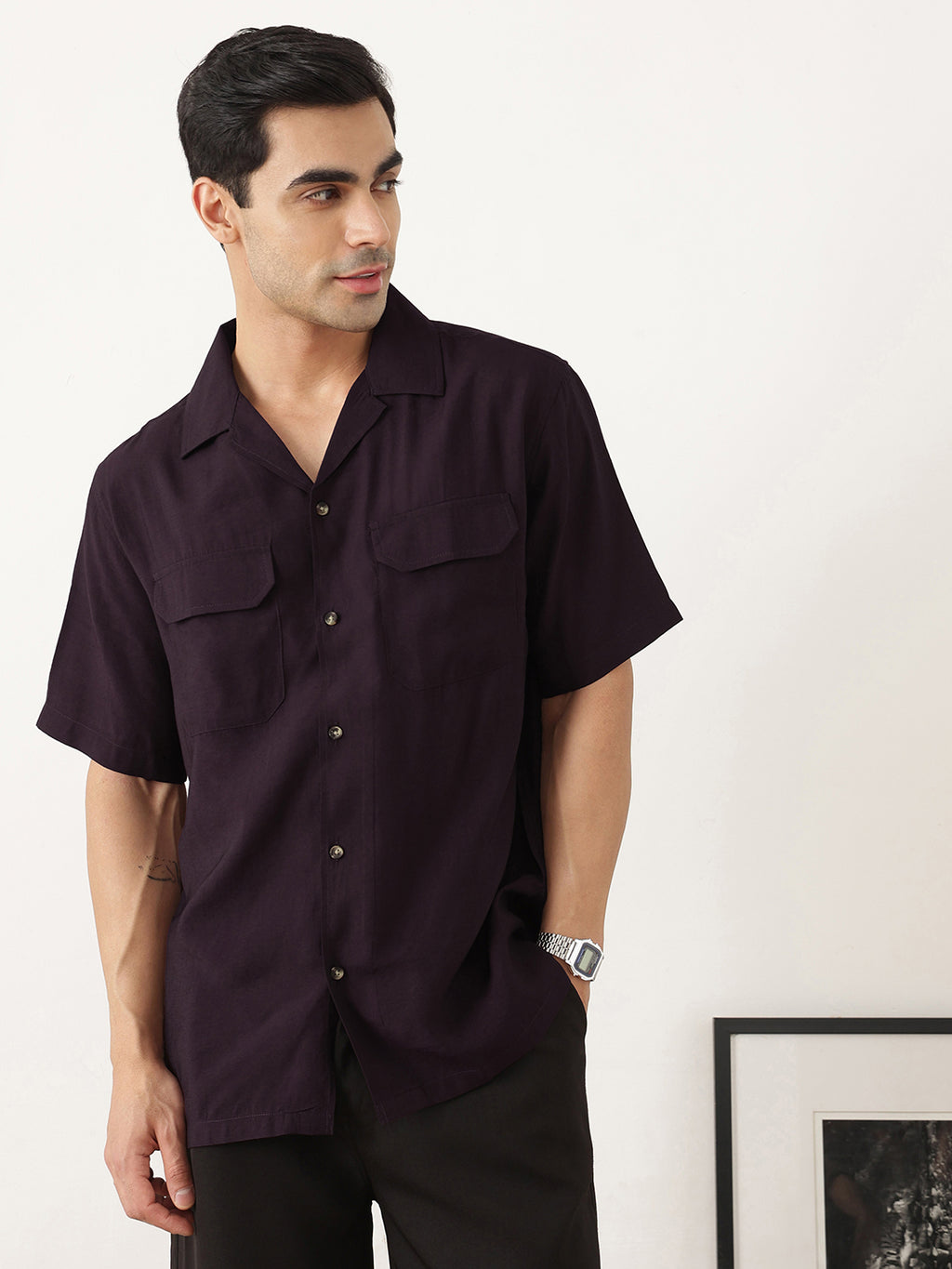 Thomas Scott Men Premium Wine Oversize Fit Short Sleeves Cuban Collar Textured Casual Shirt