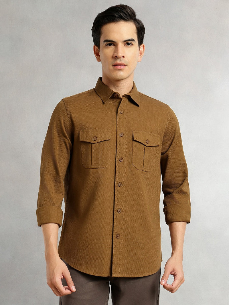 Thomas Scott Men Khaki Cricket Club Collection Men Slim Fit Cotton Casual Shirt-Dual Flap Pocket